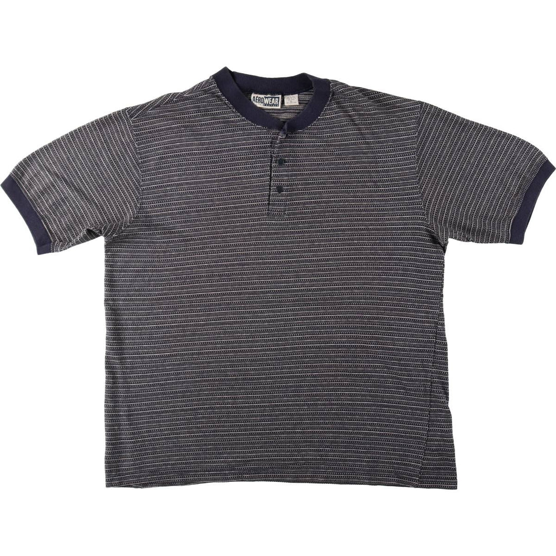AERO WEAR Henley Neck Striped T-Shirt, Made in USA, Men's Size XL (approx.) cotton navy blue type Vintage Second Hand