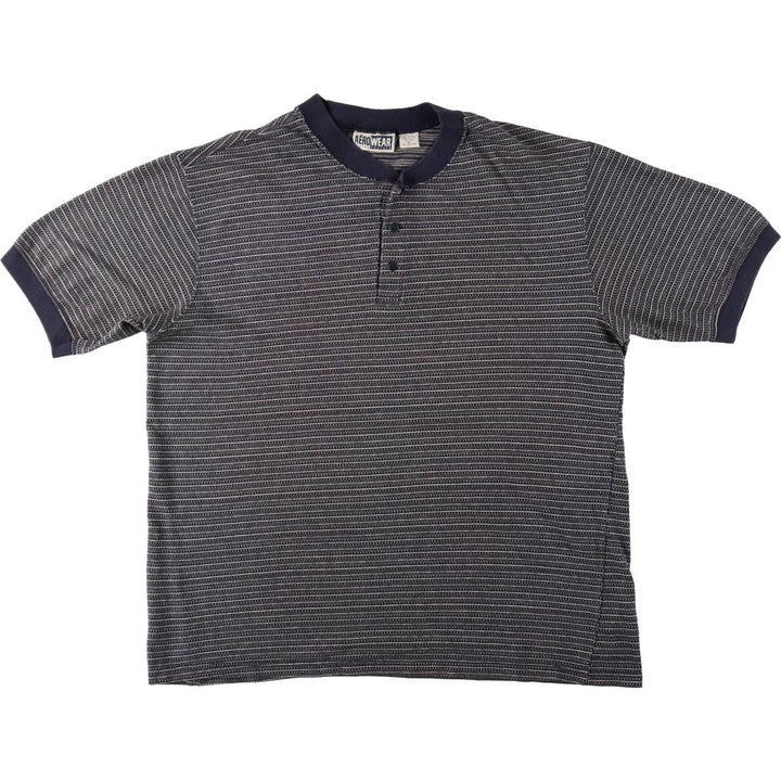 AERO WEAR Henley Neck Striped T-Shirt, Made in USA, Men's Size XL (approx.) cotton navy blue type Vintage Second Hand