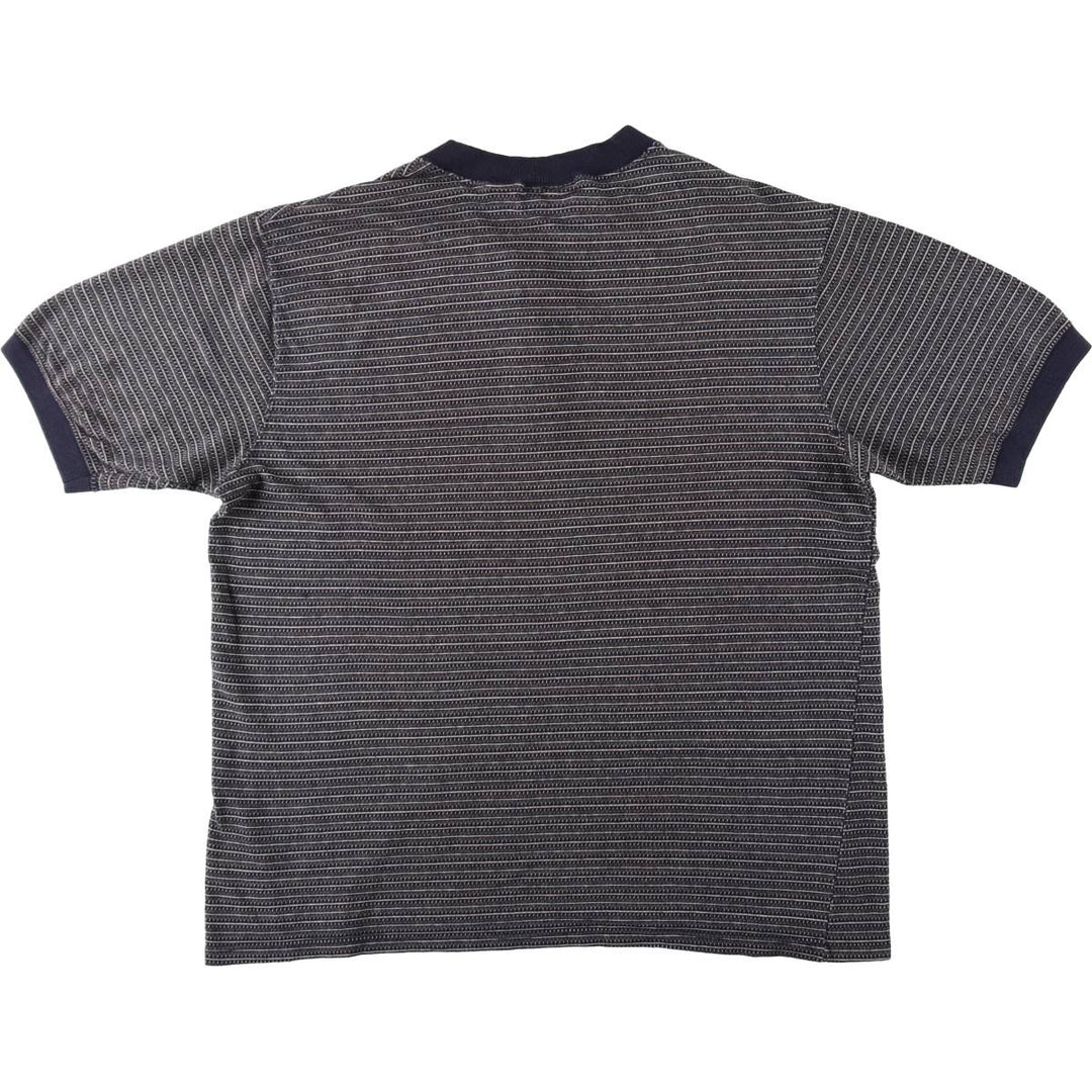 AERO WEAR Henley Neck Striped T-Shirt, Made in USA, Men's Size XL (approx.) cotton navy blue type Vintage Second Hand