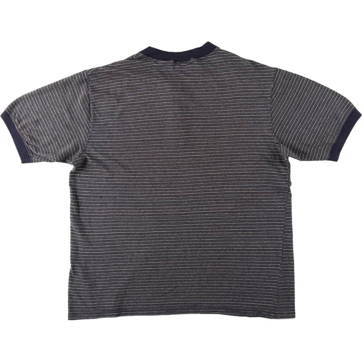 AERO WEAR Henley Neck Striped T-Shirt, Made in USA, Men's Size XL (approx.) cotton navy blue type Vintage Second Hand