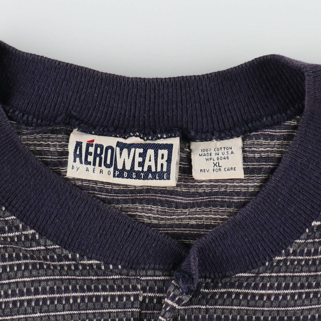 AERO WEAR Henley Neck Striped T-Shirt, Made in USA, Men's Size XL (approx.) cotton navy blue type Vintage Second Hand