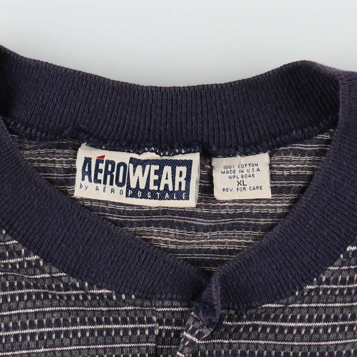 AERO WEAR Henley Neck Striped T-Shirt, Made in USA, Men's Size XL (approx.) cotton navy blue type Vintage Second Hand