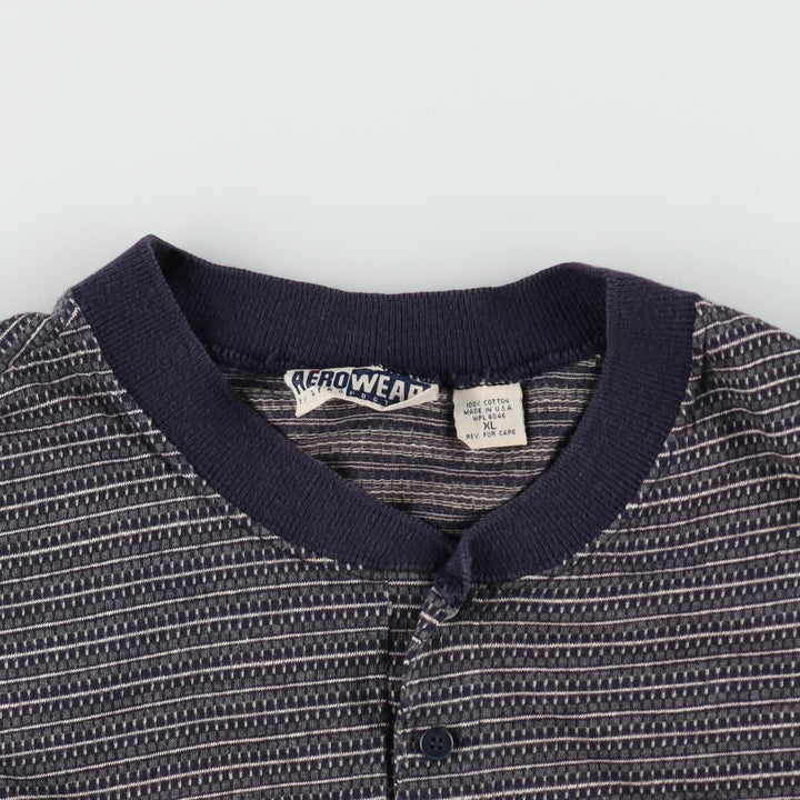 AERO WEAR Henley Neck Striped T-Shirt, Made in USA, Men's Size XL (approx.) cotton navy blue type Vintage Second Hand