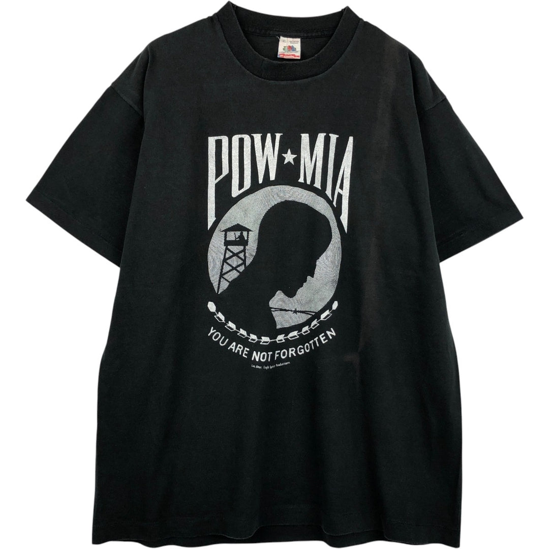 90'S Fruit of the Loom POW MIA Print T-Shirt, Made in USA, Men's XL equivalent, Vintage cotton black type Vintage Second Hand