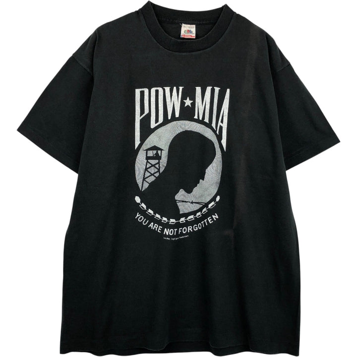 90'S Fruit of the Loom POW MIA Print T-Shirt, Made in USA, Men's XL equivalent, Vintage cotton black type Vintage Second Hand