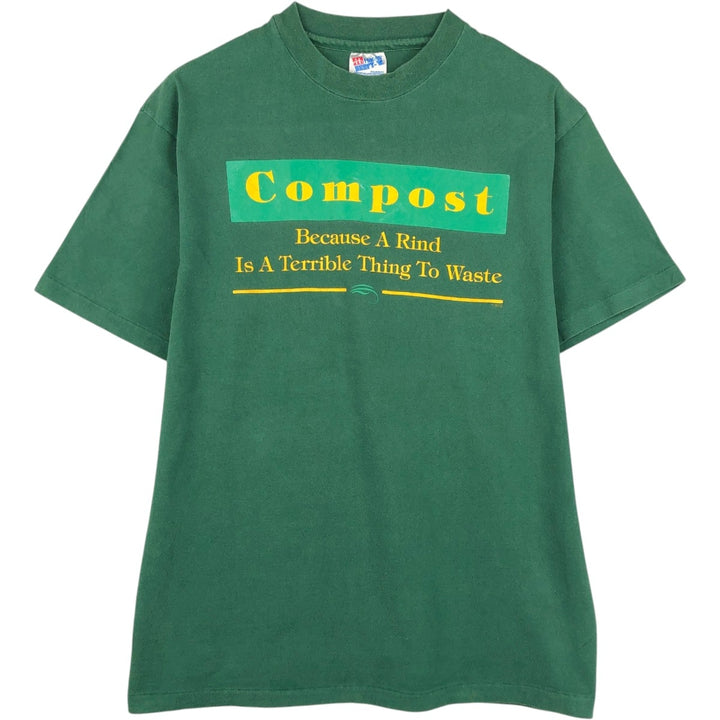 90'S Hanes BEEFY-T Printed T-shirt, Made in USA, Men's L size, Vintage cotton green type Vintage Second Hand