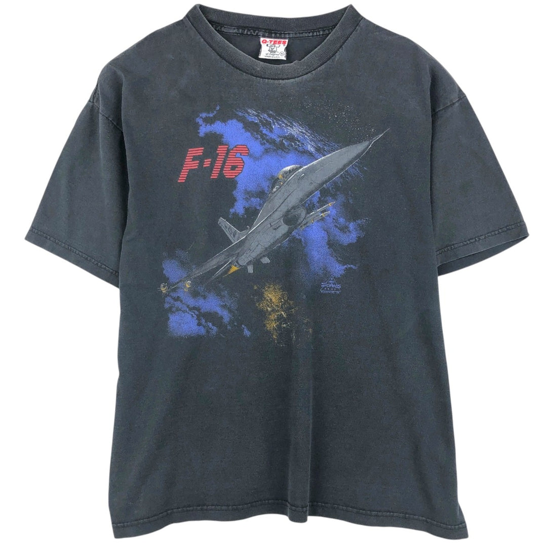 90'S Q-TEES F-16 fighter jet print T-shirt, Made in USA, Men's XL equivalent, Vintage cotton Charcoal Vintage Second Hand