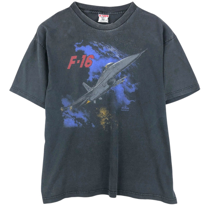 90'S Q-TEES F-16 fighter jet print T-shirt, Made in USA, Men's XL equivalent, Vintage cotton Charcoal Vintage Second Hand