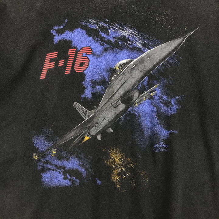 90'S Q-TEES F-16 fighter jet print T-shirt, Made in USA, Men's XL equivalent, Vintage cotton Charcoal Vintage Second Hand