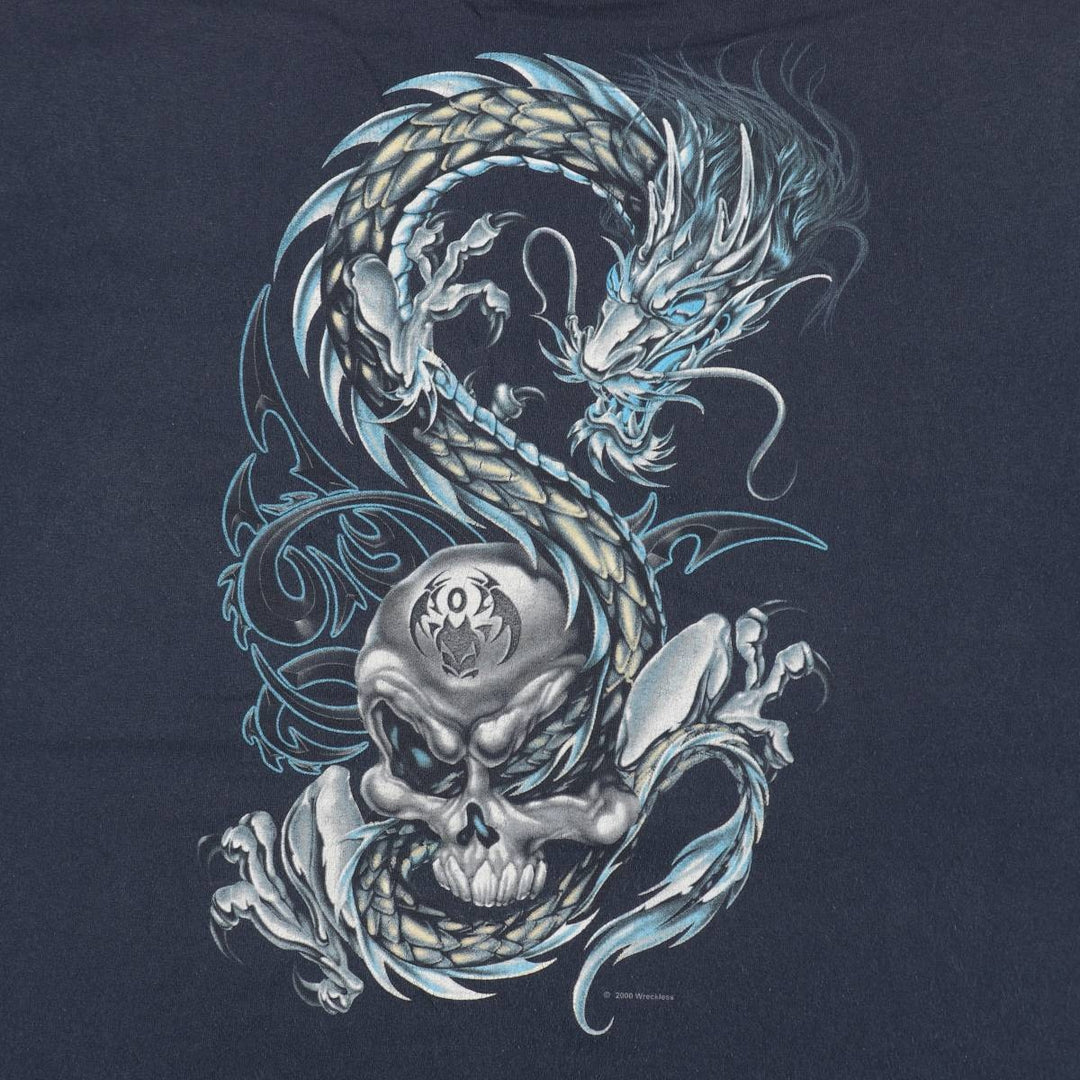 2000'S ALSTYLE Skull Pattern Dragon Pattern Print T-Shirt Men's XL (approx.) cotton navy blue type Vintage Second Hand