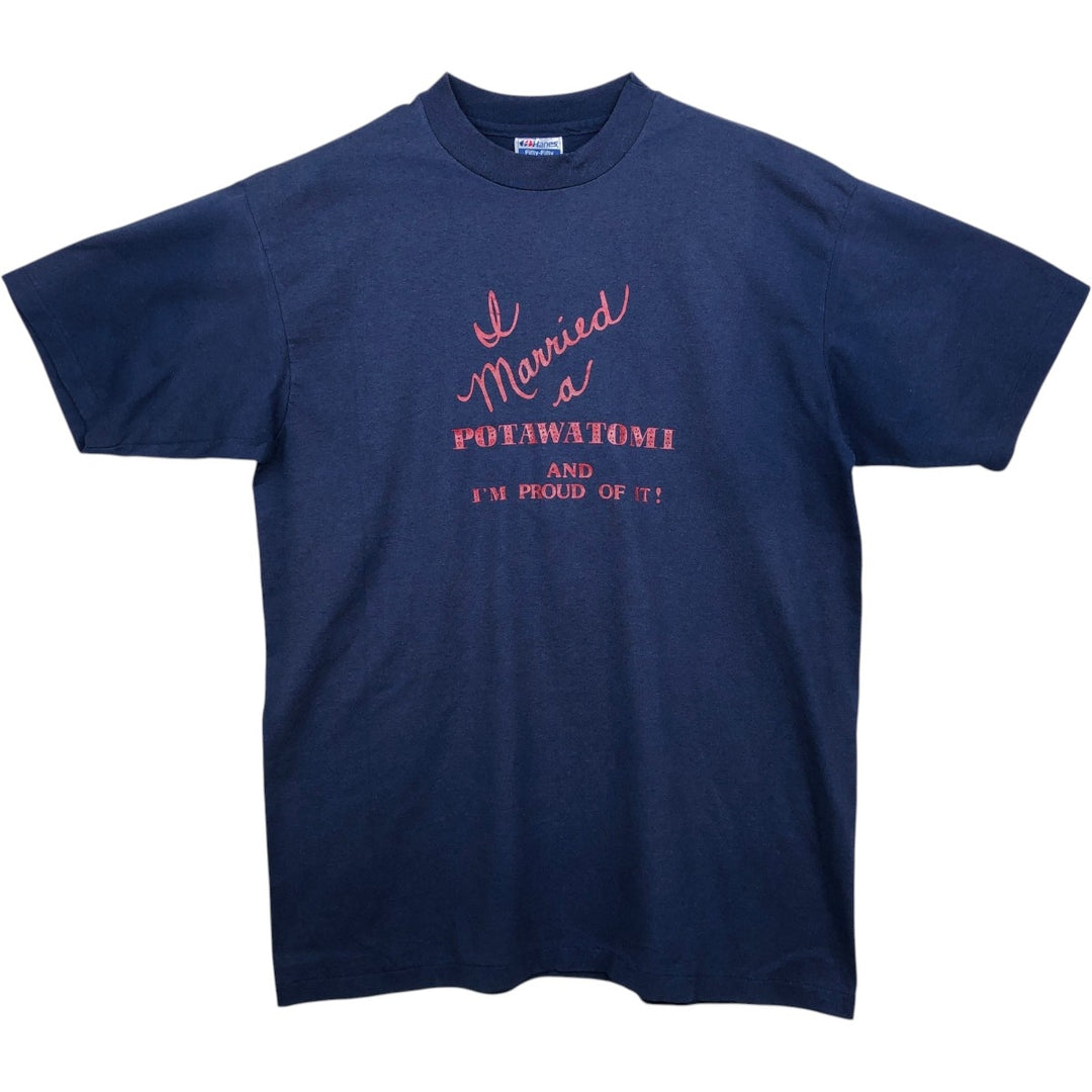 Vintage 1980'S Hanes Fifty-Fifty Blue Tag Print T-Shirt, Made in USA, Men's XL cotton navy blue type Vintage Second Hand