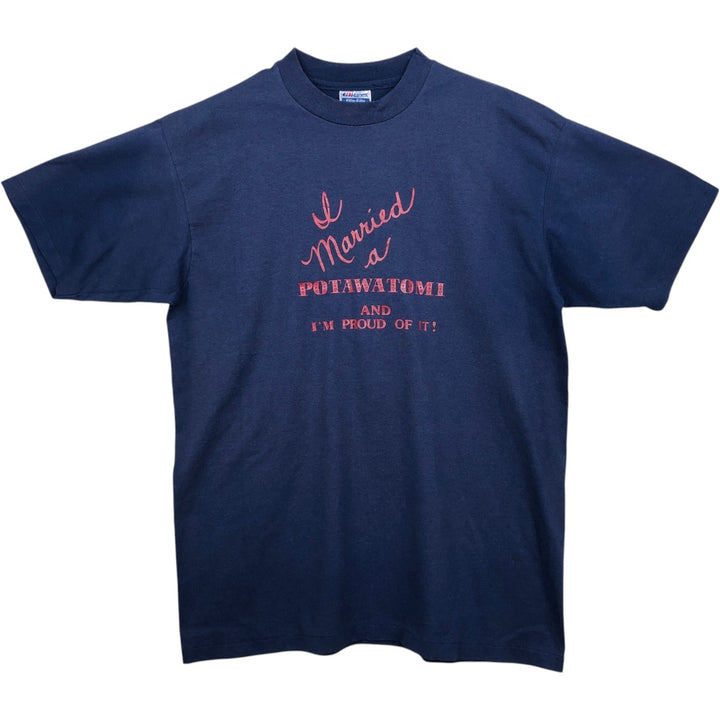 Vintage 1980'S Hanes Fifty-Fifty Blue Tag Print T-Shirt, Made in USA, Men's XL cotton navy blue type Vintage Second Hand