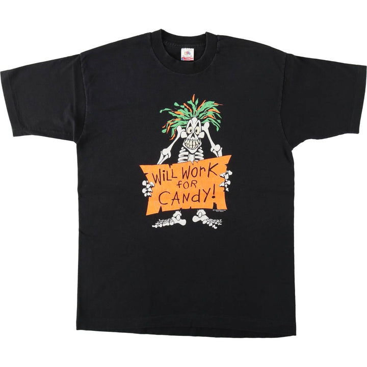 90'S Fruit of the Loom Skull Pattern Print T-Shirt, Made in USA, Men's Size L (approx.), Vintage cotton black type Vintage Second Hand