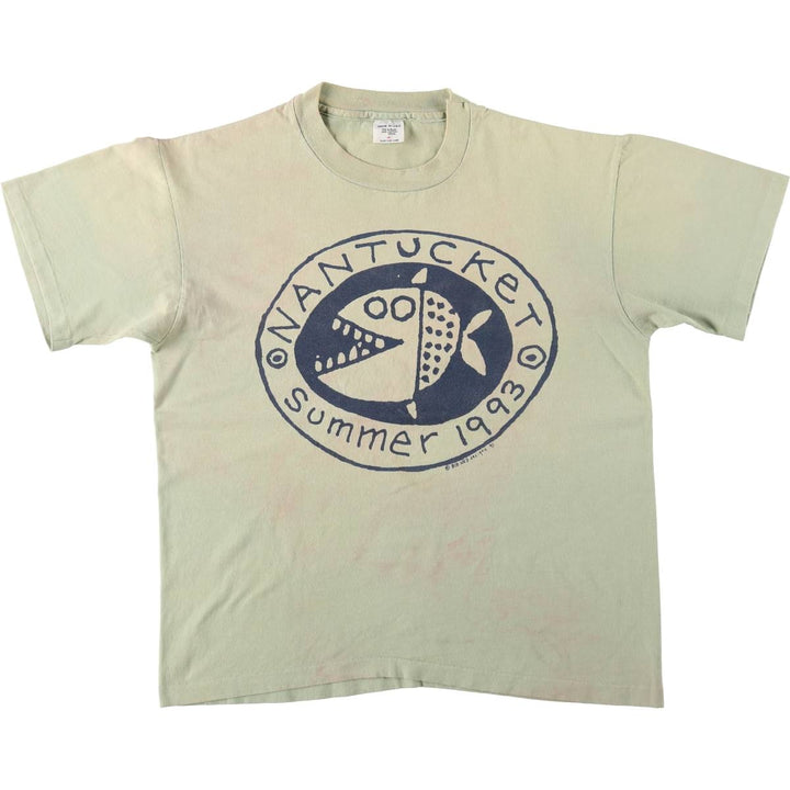 90'S Fish Print T-Shirt, Made in USA, Men's Size M (Equivalent), Vintage cotton Khaki type sage green Vintage Second Hand