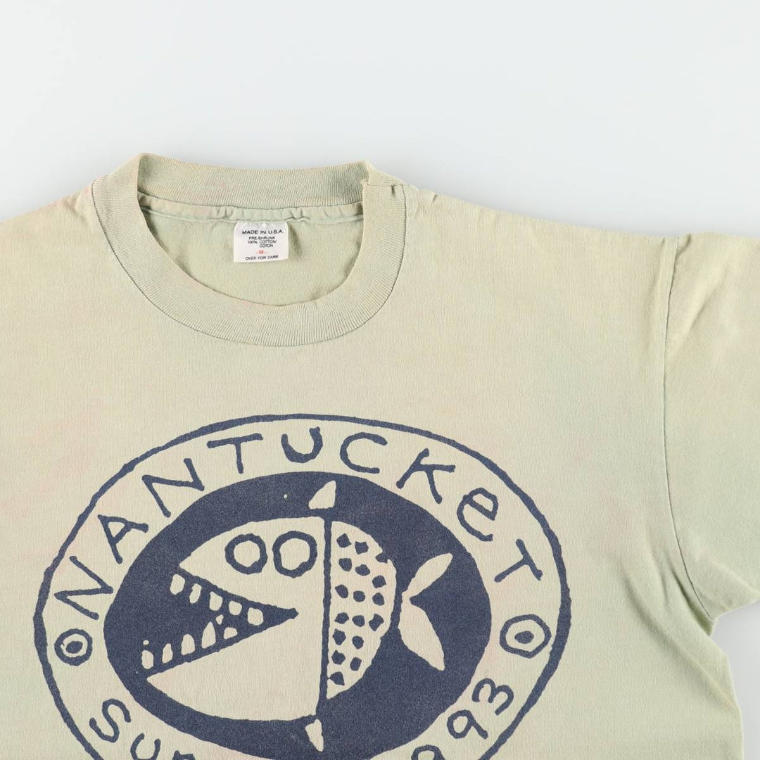 90'S Fish Print T-Shirt, Made in USA, Men's Size M (Equivalent), Vintage cotton Khaki type sage green Vintage Second Hand