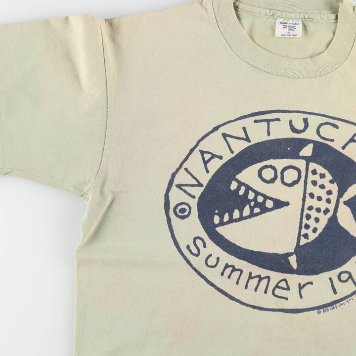 90'S Fish Print T-Shirt, Made in USA, Men's Size M (Equivalent), Vintage cotton Khaki type sage green Vintage Second Hand