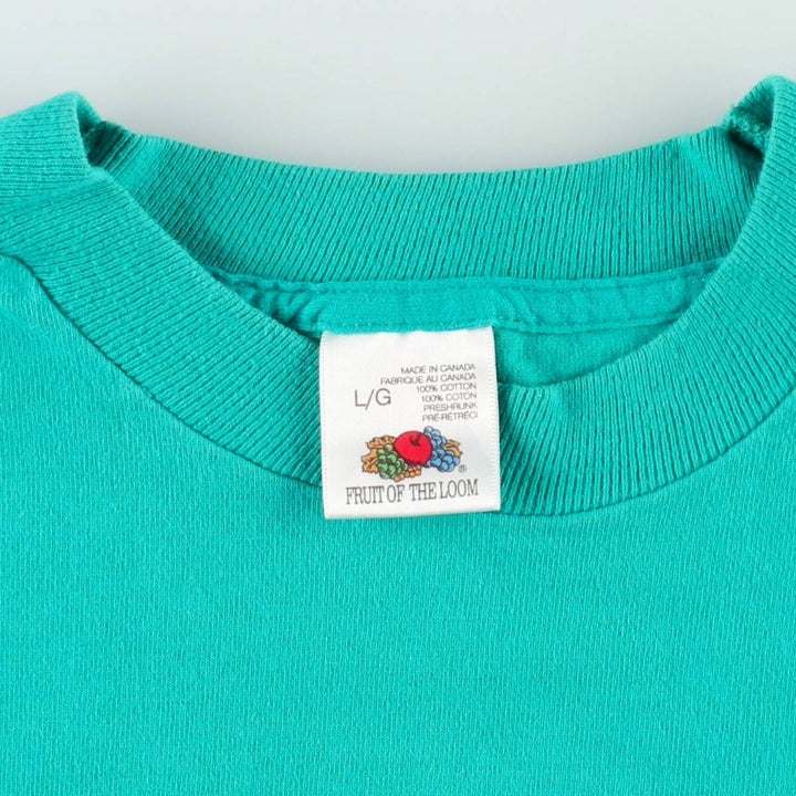 Vintage 90'S Fruit of the Loom print T-shirt, Made in Canada, Men's Size Large cotton turquoise blue Vintage Second Hand
