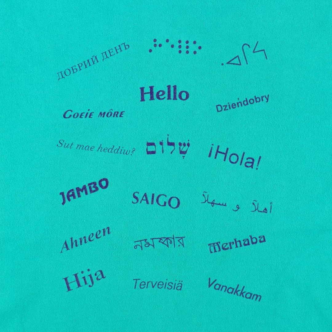 Vintage 90'S Fruit of the Loom print T-shirt, Made in Canada, Men's Size Large cotton turquoise blue Vintage Second Hand