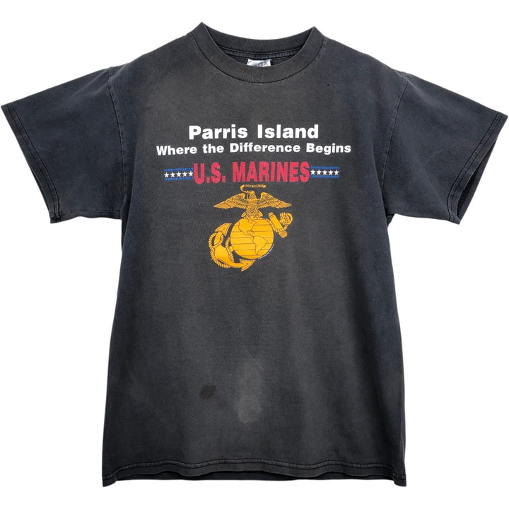 90'S TULTEX US MARINES Parris Island Eagle Pattern Print T-Shirt, Men's Size M (approx.), Vintage cotton black type Vintage Second Hand
