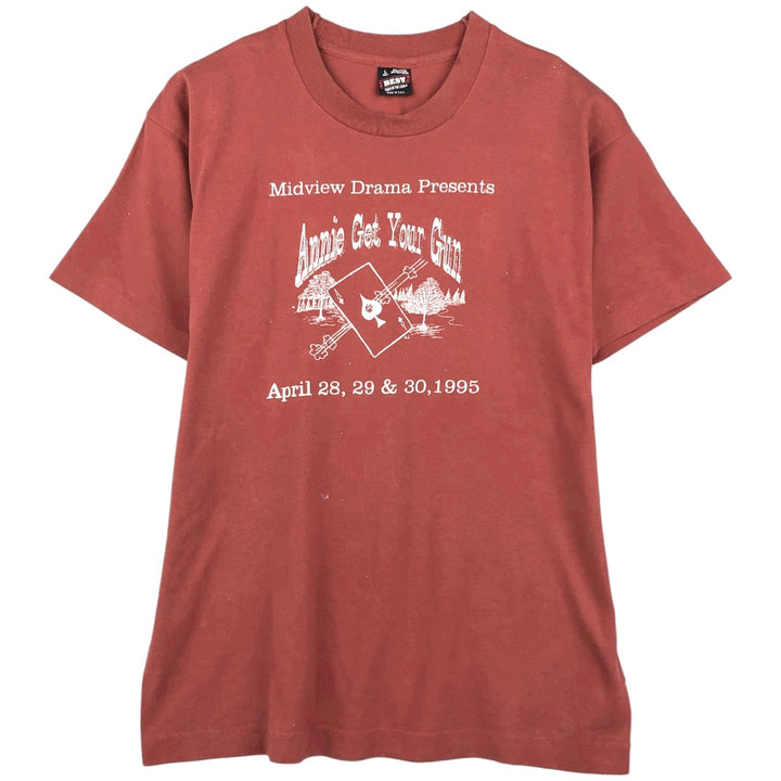 90'S Fruit of the Loom BEST Annie Get Your Gun Print T-Shirt, Made in USA, Men's Size L cotton coral Vintage Second Hand