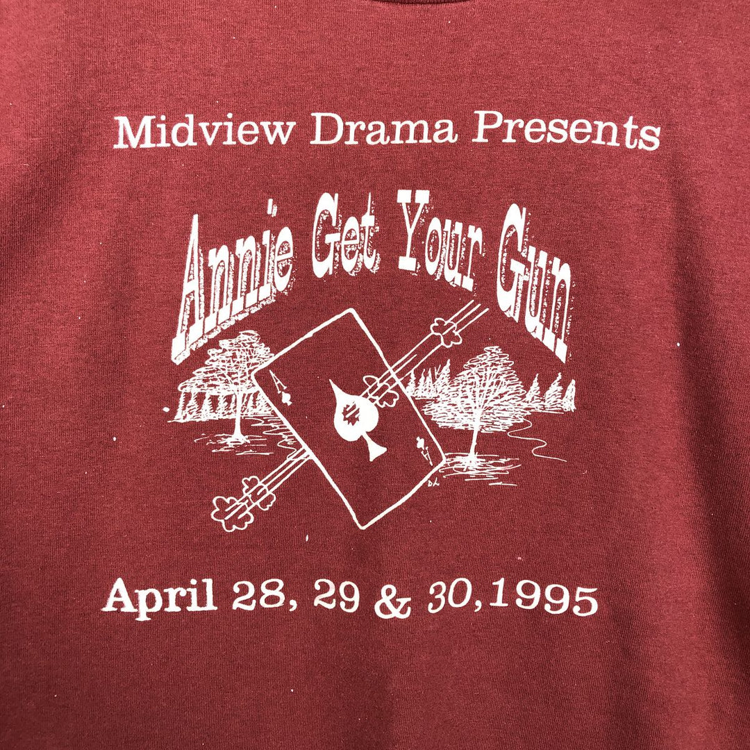 90'S Fruit of the Loom BEST Annie Get Your Gun Print T-Shirt, Made in USA, Men's Size L cotton coral Vintage Second Hand