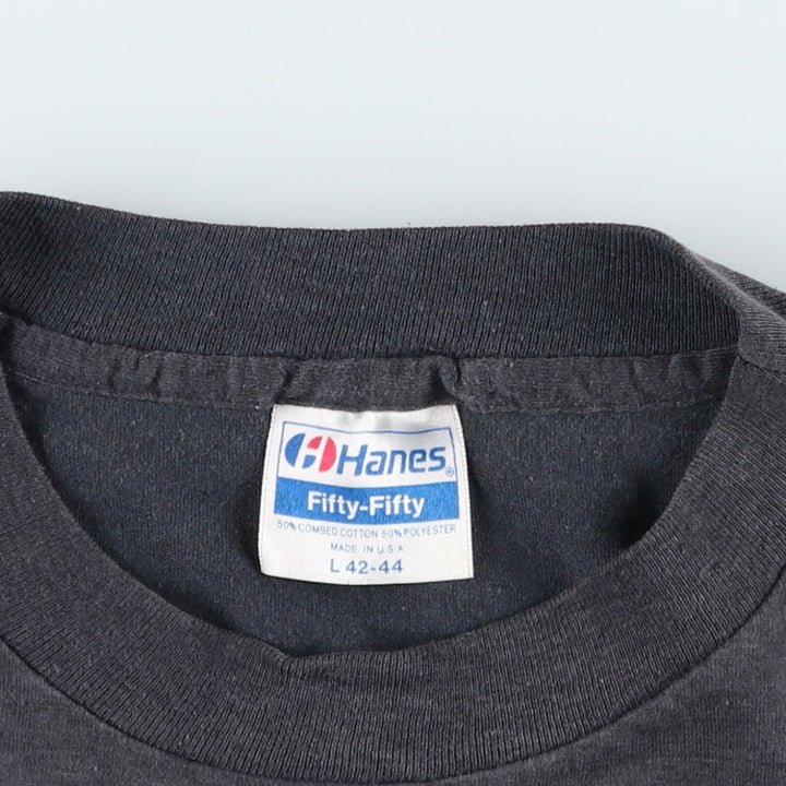 80'S Hanes Fifty-Fifty Blue Tag Printed T-Shirt Made in USA Men's L Size Vintage cotton black type Vintage Second Hand
