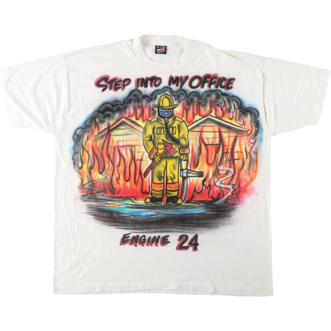 90'S Fruit of the Loom Paint Print T-Shirt, Made in USA, Men's XXL equivalent, Vintage cotton white type Vintage Second Hand