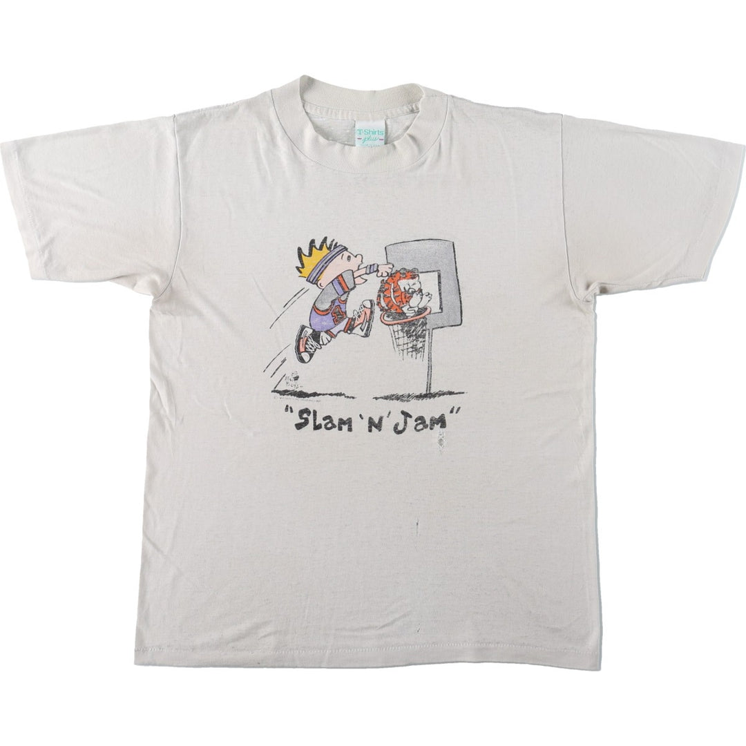 80s-90'S T-shirts Plus Character Print T-shirt, Made in USA, Men's Size M (approx.), Vintage cotton pale white type Vintage Second Hand
