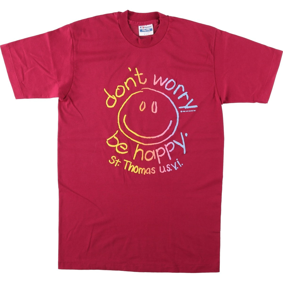 80'S Hanes Fifty-Fifty Blue Tag Smile Print T-Shirt, Made in USA, Men's Size M (approx.), Vintage cotton wine-red Vintage Second Hand