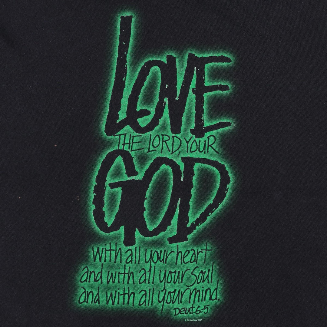 90'S All Sport LOVE THE LORD YOUR GOD Print T-Shirt, Made in USA, Men's Size L (approx.), Vintage cotton black type Vintage Second Hand