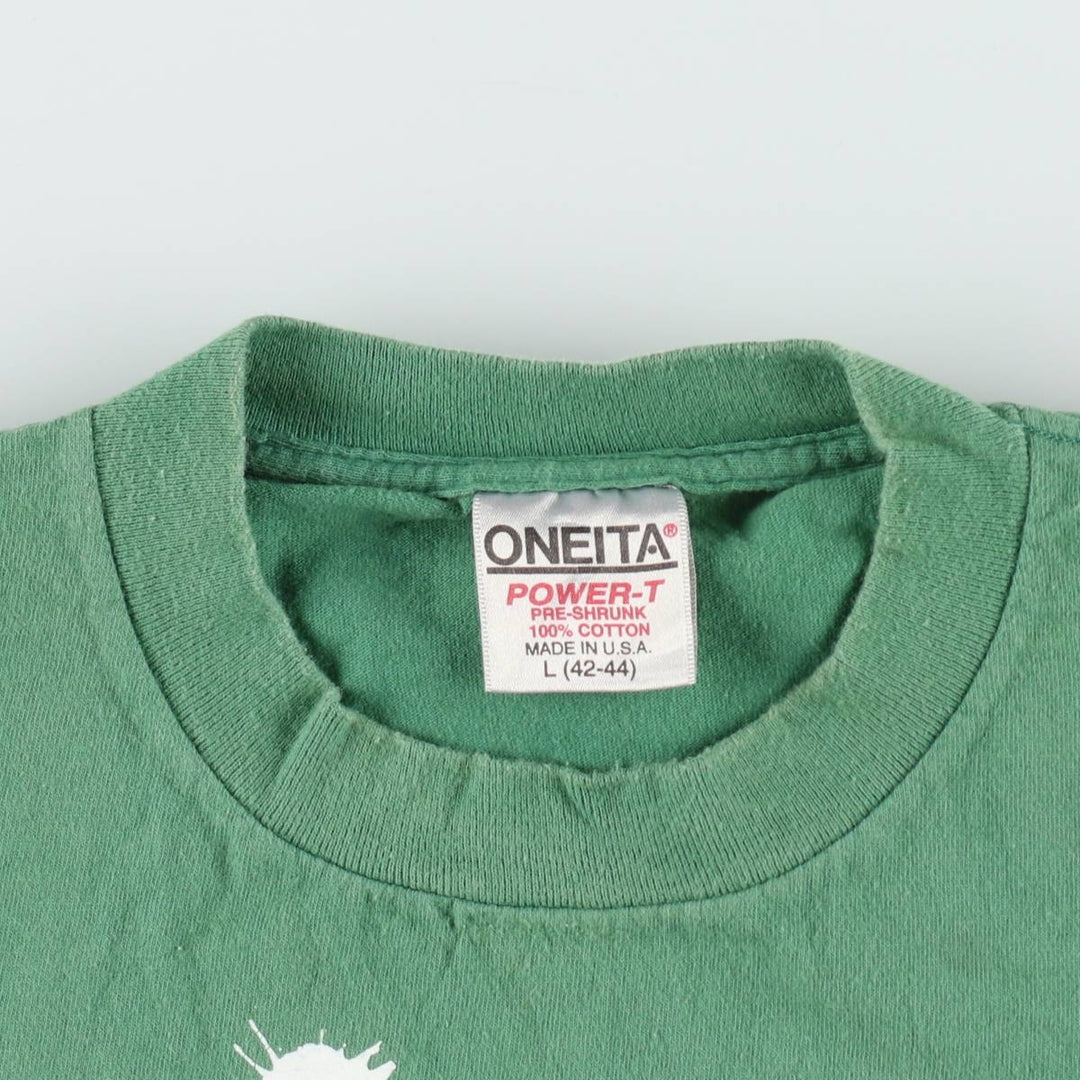 90'S ONEITA Printed T-shirt Made in USA Men's L size Vintage cotton green type Vintage Second Hand