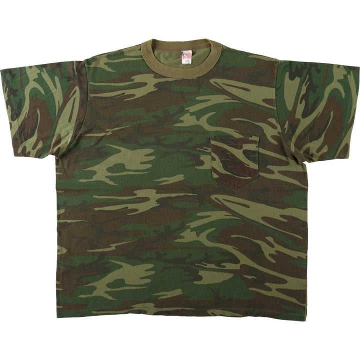 ~90'S Woodland Camo Pocket T-Shirt, Made in USA, Men's XL equivalent, Vintage polyester Khaki type Vintage Second Hand