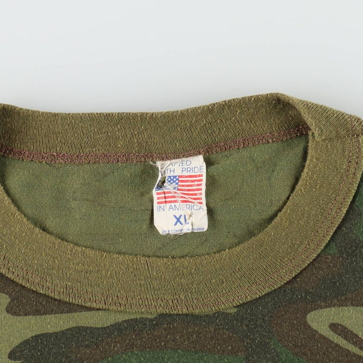 ~90'S Woodland Camo Pocket T-Shirt, Made in USA, Men's XL equivalent, Vintage polyester Khaki type Vintage Second Hand