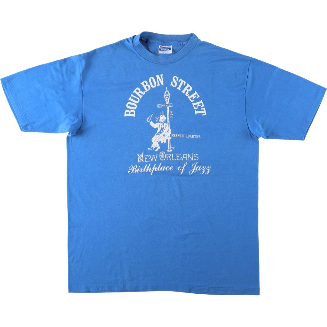 90'S Hanes Fifty-Fifty Blue Tag Printed T-Shirt XL (Size 46-48, equivalent to men's XL) Vintage cotton blue type Vintage Second Hand