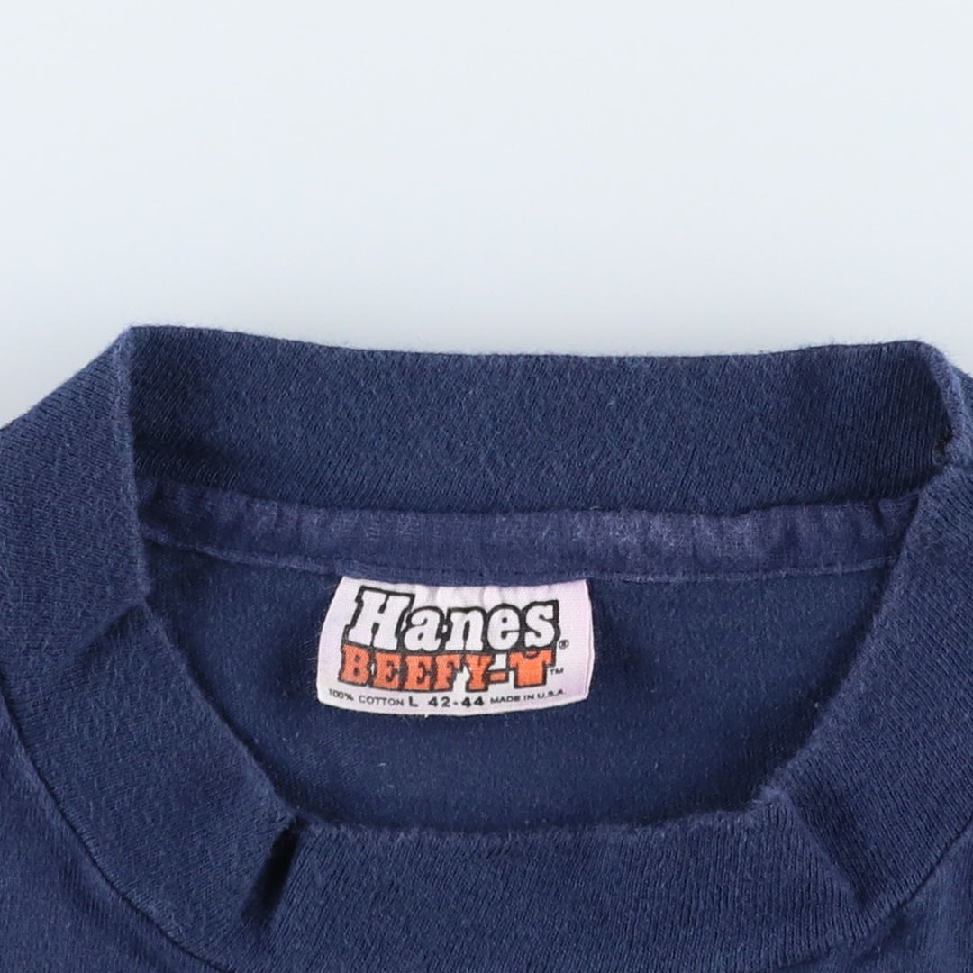 90'S Hanes BEEFY-T Printed T-shirt, Made in USA, Men's L size, Vintage cotton navy blue type Vintage Second Hand