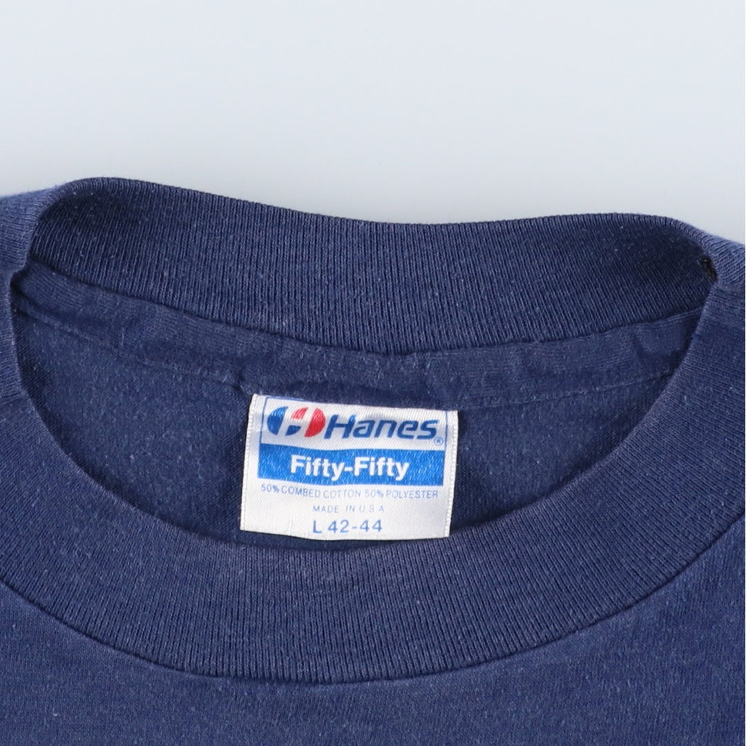 80'S Hanes Fifty-Fifty Blue Tag Printed T-Shirt Made in USA Men's L Size Vintage cotton navy blue type Vintage Second Hand