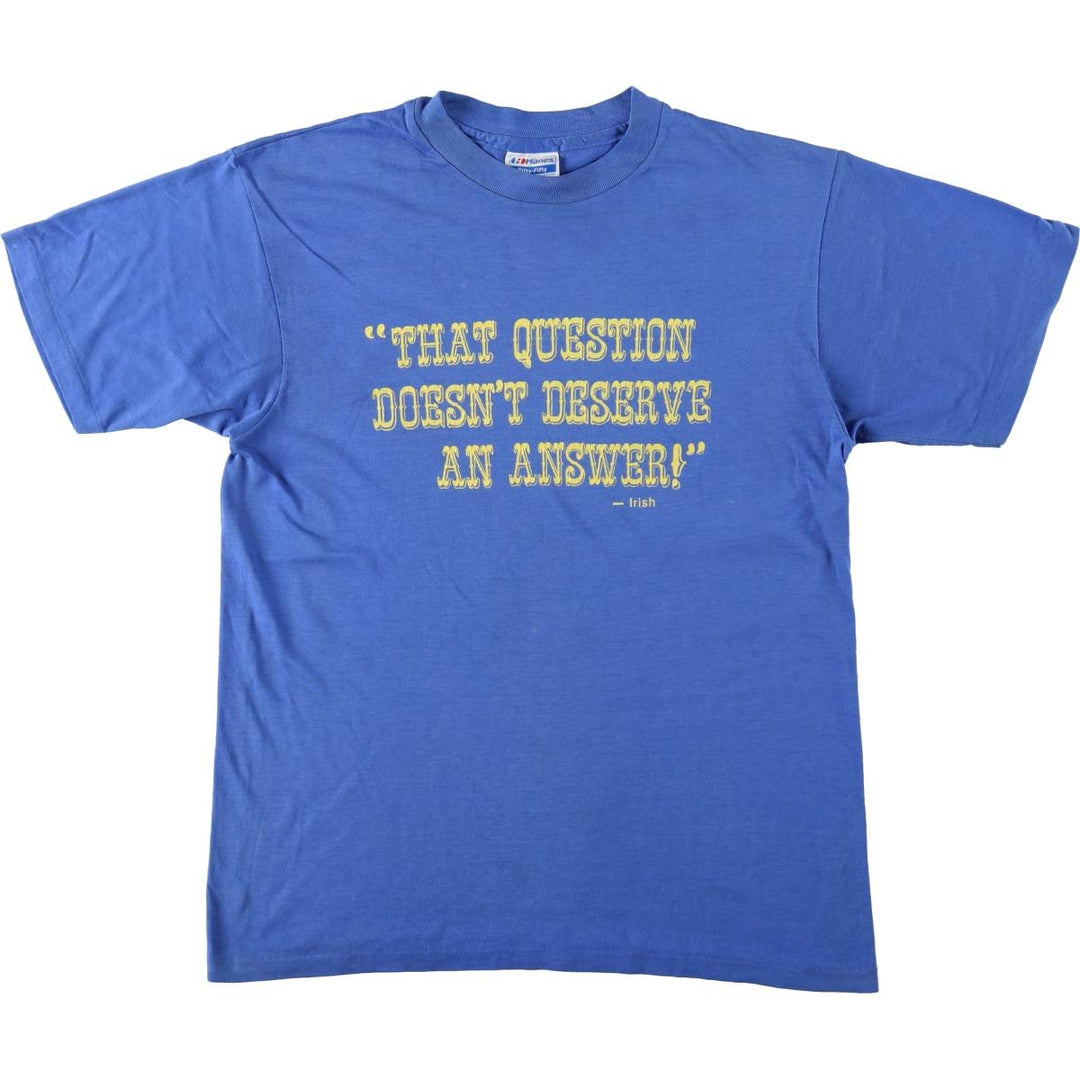80'S Hanes Fifty-Fifty Blue Tag Message Print T-Shirt, Made in USA, Men's Size L (approx.), Vintage cotton blue type Vintage Second Hand