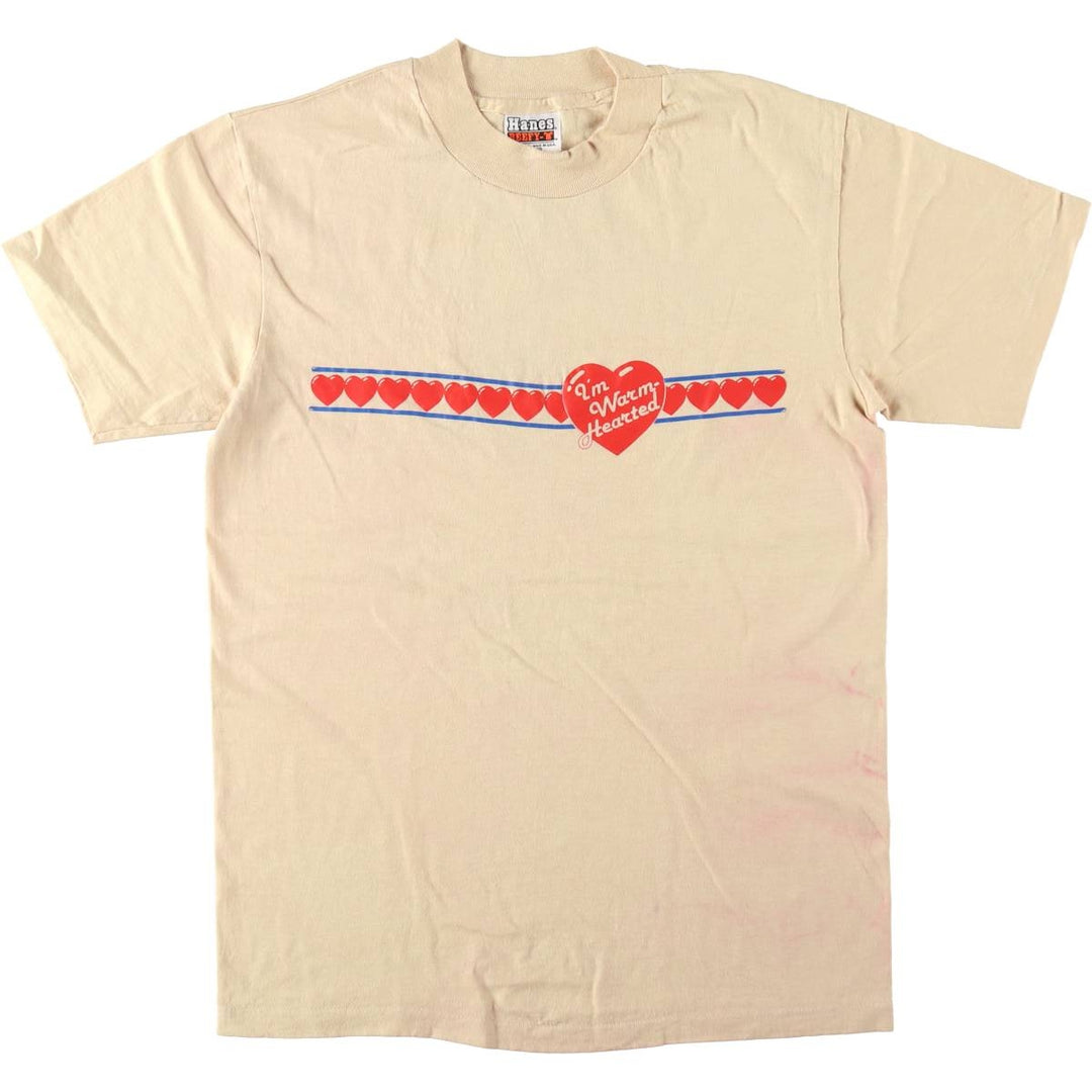 80'S Hanes BEEFY-T Orange Tag Printed T-Shirt, Made in USA, Men's Size M (approx.), Vintage cotton Beige type Vintage Second Hand