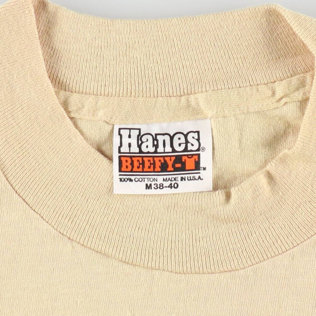 80'S Hanes BEEFY-T Orange Tag Printed T-Shirt, Made in USA, Men's Size M (approx.), Vintage cotton Beige type Vintage Second Hand