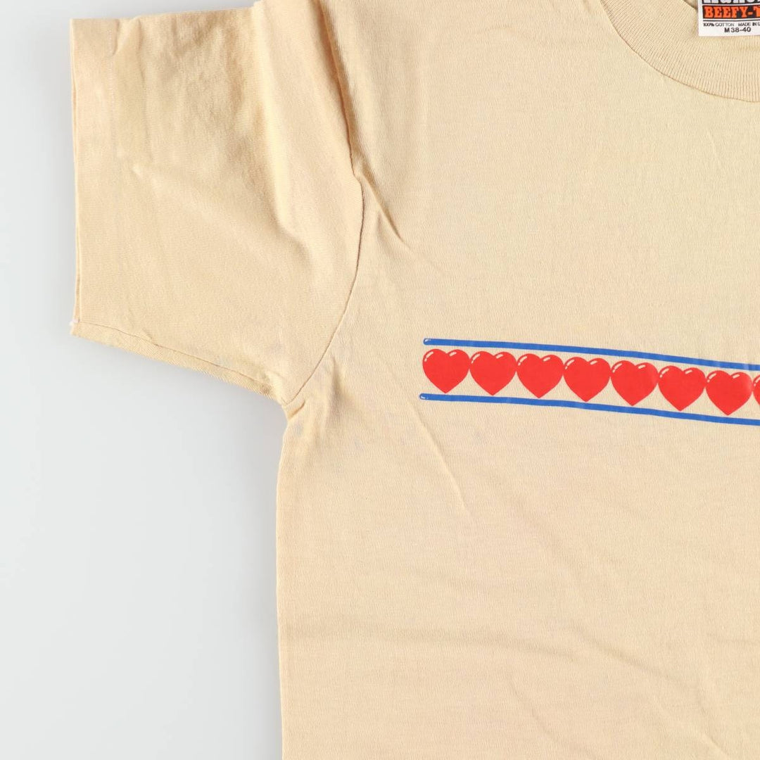 80'S Hanes BEEFY-T Orange Tag Printed T-Shirt, Made in USA, Men's Size M (approx.), Vintage cotton Beige type Vintage Second Hand