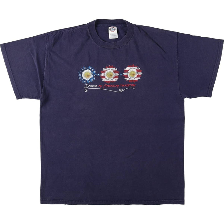 2000'S Delta (DELTA) Floral and American Flag Print T-Shirt, Men's Size L (approx.) cotton navy blue type Vintage Second Hand