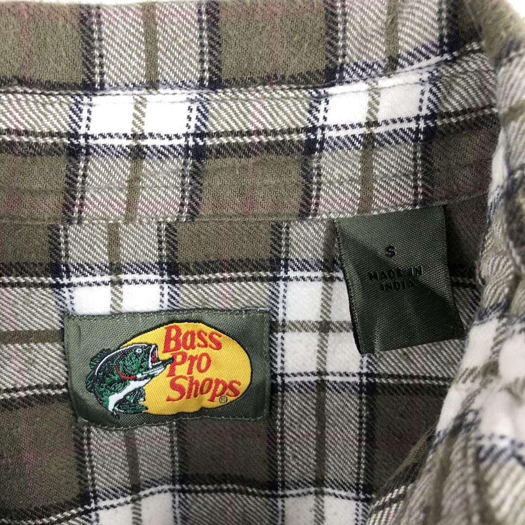 BASS PRO SHOPS Long-Sleeve Button-Down Light Flannel Check Shirt, Men's Size S (approx.) cotton Khaki type Vintage Second Hand