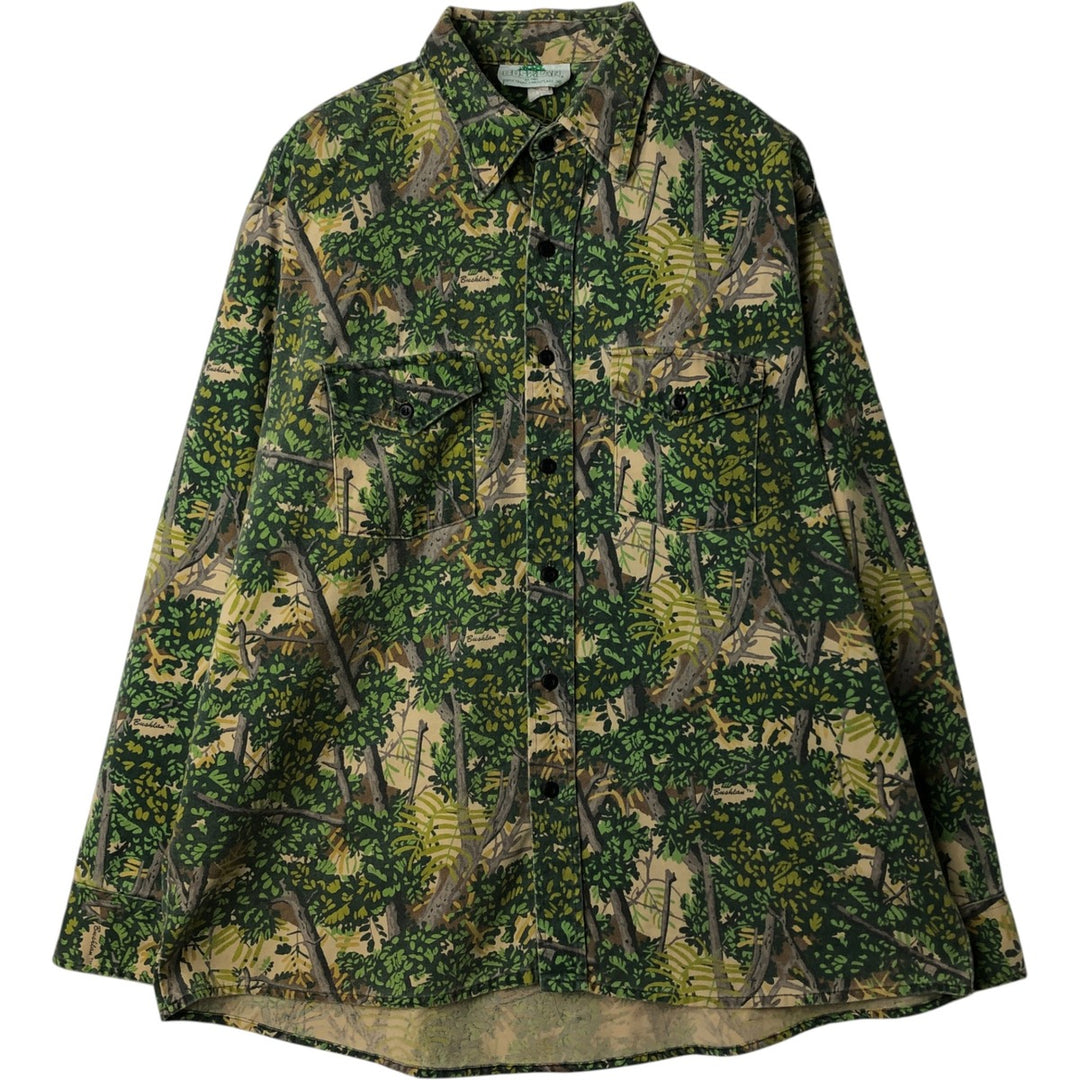80'S Bushlan Camouflage Pattern Real Tree Camo Long Sleeve Printed Flannel Shirt, Made in USA, Size XL (Men's XL equivalent), Vintage polyester green type Vintage Second Hand
