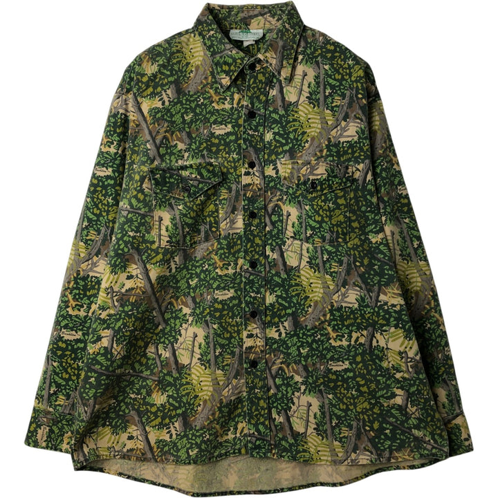 80'S Bushlan Camouflage Pattern Real Tree Camo Long Sleeve Printed Flannel Shirt, Made in USA, Size XL (Men's XL equivalent), Vintage polyester green type Vintage Second Hand