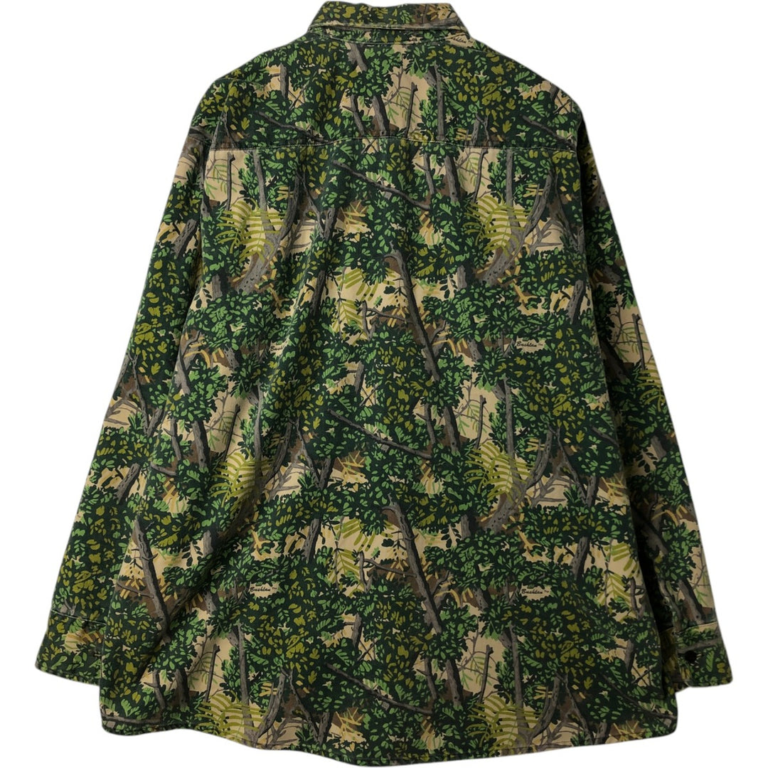 80'S Bushlan Camouflage Pattern Real Tree Camo Long Sleeve Printed Flannel Shirt, Made in USA, Size XL (Men's XL equivalent), Vintage polyester green type Vintage Second Hand