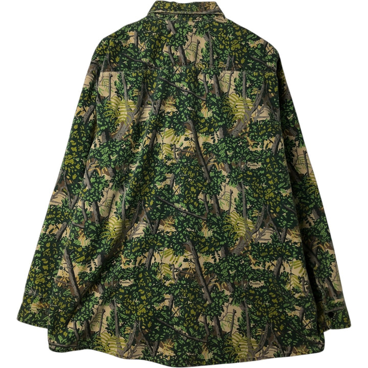 80'S Bushlan Camouflage Pattern Real Tree Camo Long Sleeve Printed Flannel Shirt, Made in USA, Size XL (Men's XL equivalent), Vintage polyester green type Vintage Second Hand