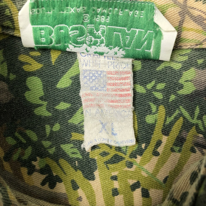 80'S Bushlan Camouflage Pattern Real Tree Camo Long Sleeve Printed Flannel Shirt, Made in USA, Size XL (Men's XL equivalent), Vintage polyester green type Vintage Second Hand