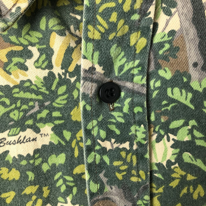 80'S Bushlan Camouflage Pattern Real Tree Camo Long Sleeve Printed Flannel Shirt, Made in USA, Size XL (Men's XL equivalent), Vintage polyester green type Vintage Second Hand