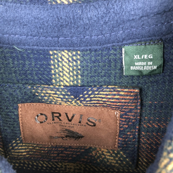 ORVIS Long Sleeve Flannel Check Shirt, Men's XL Size cotton navy blue type Vintage Second Hand