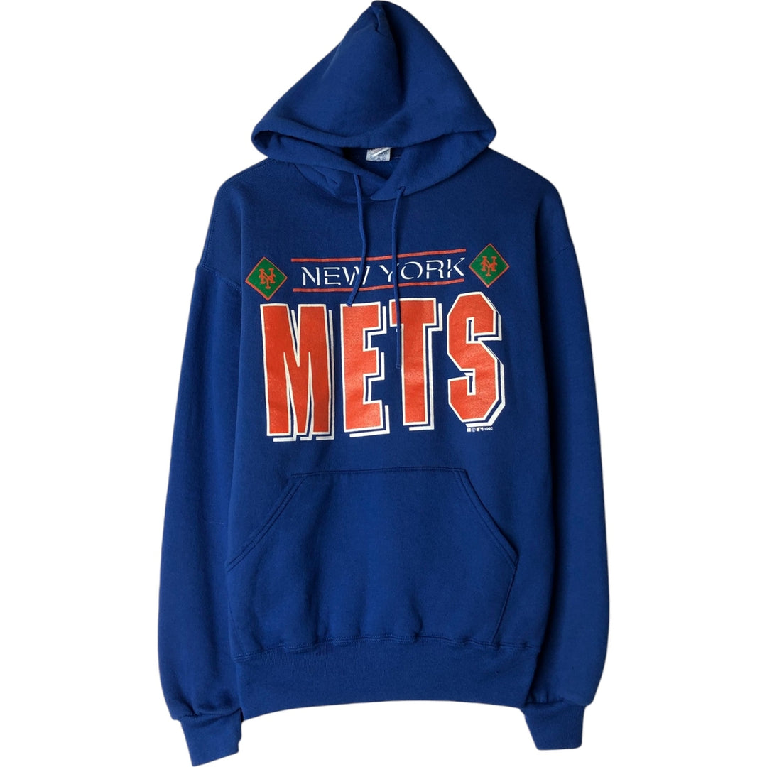 80s-90'S Russell MLB New York Mets sweatshirt pullover hoodie, Made in USA, Men's size L equivalent, Vintage cotton blue type Vintage Second Hand